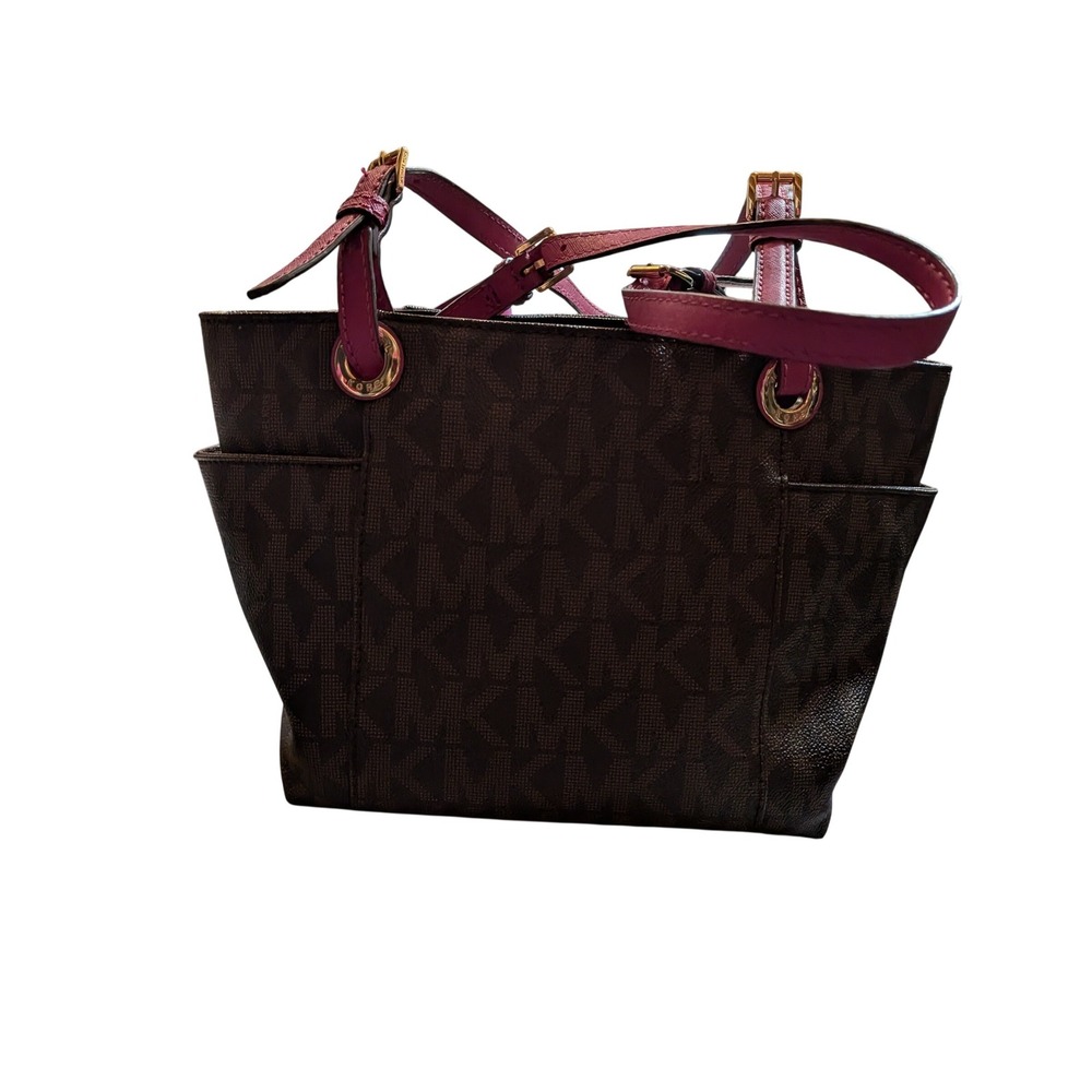Michael Kors Jet Set Travel Tote Bag Brown Plum Monogram Logo Large - Picture 4 of 5
